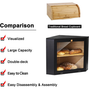 Triangular Bread Box Double Layer Black Wood <b>Storage</b> <b>Kitchen</b> Food Container With Glass Door For Bread <b>Storage</b> - Product Image 3