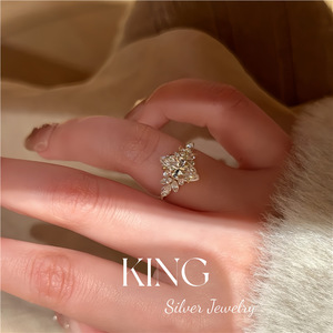 Bague en argent sterling S925 plaqué or avec fleur et diamant, bijoux fins pour femmes, bague de mariage - Product Image 5