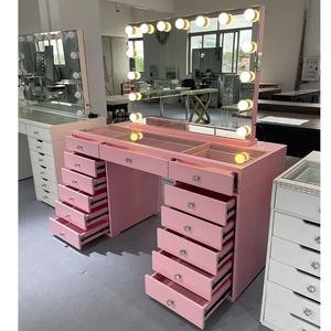 <span class=keywords><strong>Table</strong></span> de toilette moderne de luxe en bois de pin rose avec miroir de maquillage LED, 13 tiroirs spacieux, ensemble de rangement pour chambre à coucher, direct - Product Image 1