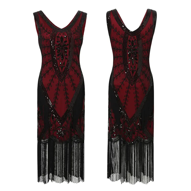 Sequin Fringe Dress With Accessories Woman Vintage Clothes Banqueter V-neck Cocktail Party Dress For Women