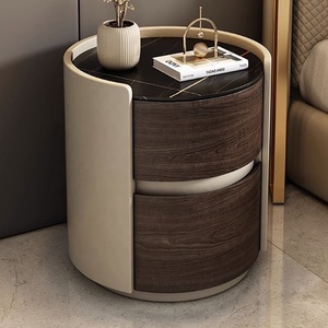 Comodino <span class=keywords><strong>Rotondo</strong></span> di Design Minimalista di Fascia Alta in Legno Massello di Lusso Leggero per Camera da <span class=keywords><strong>Letto</strong></span> con Piano in Pelle e Lastra di Roccia - Product Image 3