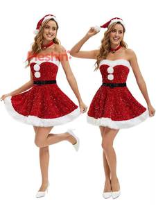 MS Women's Santa Claus Style Christmas <b>Costume</b> Shiny Sequin Dress Holiday Party Stage Performance <b>Cosplay</b> Outfit Red Polyester - Product Image 1