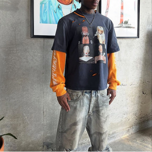 OEM Tùy Chỉnh Chất Lượng Cao Của Nam Giới Dài Tay Áo Thời Trang Đường Phố Áo Thun 100% Cotton Đau Khổ Quá Khổ Hai Lớp Đau Khổ In Rắn - Product Image 3