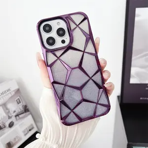 2023 Luxury Gradient Glitter Electroplated Line Phone Case For IPhone 15 Pro Max 3D Water Cube Shockproof Soft Cover Case