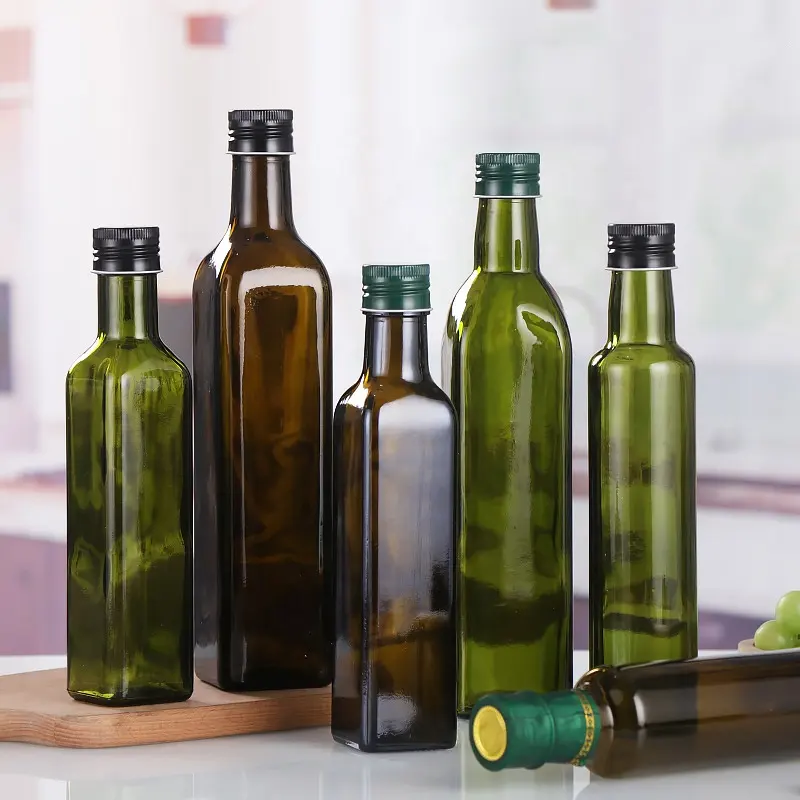 Toplu 250ml 500ml 750ml boş kare cam şişe için zeytinyağı açık koyu yeşil Marasca Amber Dorica yemeklik yağ cam şişeler