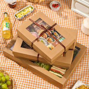 Disposable Picnic Box Kraft Paper Lunch Box Outdoor Camping Food Storage Takeaway <b>Container</b> With Compartment For Fruit Sandwich - Product Image 2