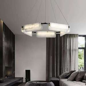 Lámpara Colgante Rectangular Moderna de Alabastro, Araña LED de Aluminio Negro para Sala de Estar, Luz Blanca Cálida 3500K, E27, Control por Interruptor - Product Image 4