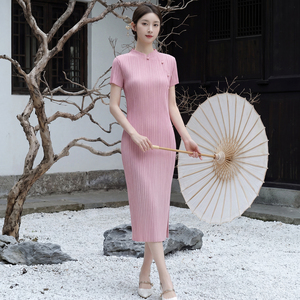Casual Romantic Collar Pencil <b>Dress</b> Ruched Pleated Midi <b>Dress</b> Solid Color Woven Polyester Breathable <b>Elastic</b> Waist Anti-Wrinkle - Product Image 1