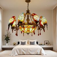 Grand lustre de style européen rétro pour villa, bâtiment duplex 8+1, en fer forgé, bronze, LED, alliage de zinc, abat-jour en forme de perroquet, antique