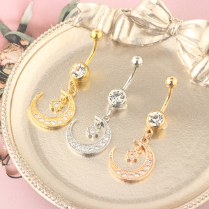 Anneaux de nombril pendantes en acier chirurgical inoxydable avec zircon cubique, barre pour piercing de nombril pour femmes et filles, bijoux de piercing corporel, or rose, argent - Product Image 3