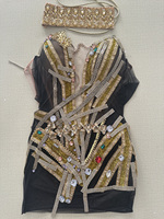 Robe moulante sexy géométrique dorée à bretelles, ornée de strass, en maille noire, pour scène, tenue de performance Rave Diva, micro-élastique