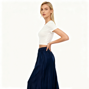 Pantaloni <span class=keywords><strong>Capri</strong></span> a Gamba Larga <span class=keywords><strong>Blu</strong></span> Navy da Donna Estate 2025 - Vita Elastica con Coulisse Tessuto Fluido Casual Pantaloni da Ufficio - Product Image 1