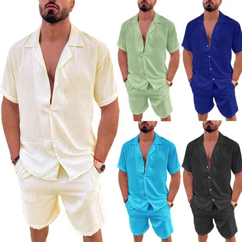 Ensembles de tailleur en lin personnalisé Chemise courte pour homme Ensemble 2 pièces en coton et lin Ensemble 2 pièces court en lin pour homme d'été