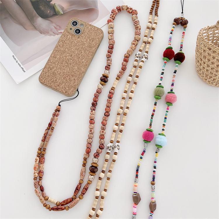 2022 оптовая продажа, новые модные длинные ремешки-цепочки для мобильного телефона с бусинами, деревянные акриловые ремешки через плечо для сотового телефона, ремешки для шеи