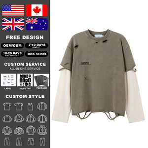Camiseta KingSen de Alta Calidad, 100% Algodón, Estilo Desgastado, Doble Capa, Manga Larga, Cuello Redondo, Diseño Original, Ecológica, Corte Crudo, Antiarrugas - Product Image 2