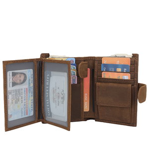 Cartera de cuero genuino vertical larga de estilo Vintage de gama alta para hombre, ranuras abiertas para tarjetas múltiples, poliéster, caramelo, impermeable, diseño Simple - Product Image 1