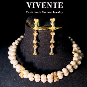Ensemble collier et boucles <span class=keywords><strong>d</strong></span>'oreilles vintage double couche en os, version haut de gamme, plaqué cuivre or véritable pour Pearl Girl Saturn - Product Image 5