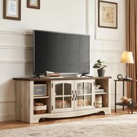Meuble TV moderne en bois de 65 pouces, centre de divertissement avec porte en verre, armoire de rangement, étagères réglables, console TV pour salon