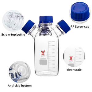 ขวดแก้วโครมาโทกราฟีแบบเคลื่อนที่สำหรับสารละลาย 4 คอ ทำจากแก้วบอโรซิลิเกต ยี่ห้อ CS Labglass Custom Laboratory Glassware พร้อมฝาเกลียวสีน้ำเงิน - Product Image 2