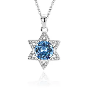 European and American S925 Sterling silver star six-pointed star necklace heart of the ocean blue pendant niche