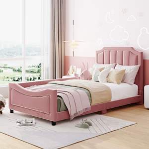 DB Modern Classic Stripe Shaped <b>Headboard</b> Daybed <b>Single</b> Size Upholstered with Pink Frame Folding Metal Frame Storage Features - Product Image 1
