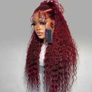 Vente en gros sans colle bordeaux vin rouge crépus bouclés cheveux humains dentelle frontale perruque vague d'eau tisse et perruques cheveux brésiliens péruviens - Product Image 3