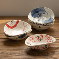 Ensemble de 6 bols décoratifs en céramique, peints à la main, motif floral bleu, rouge, violet, baies et vigne, bordure beige, pour sauces, tapas et snacks, décoration