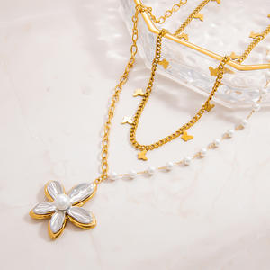 Collar de Perlas de Acero Inoxidable con Colgante de Flor en Oro de 18K, Cadena para Clavícula, Uso Diario - Product Image 1