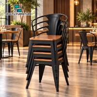 Chaises de salle à manger empilables, chaises de restaurant, structure en métal noir, assise en bois, dossier ouvert, style industriel, café, Chine, personnalisable, OEM, vente en gros