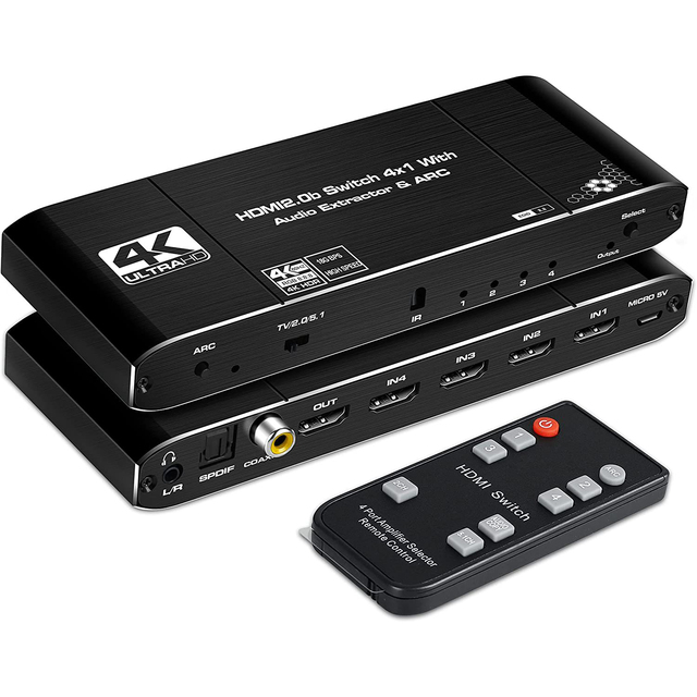 4K HDMI Switch Audio Output 4-port HDMI Switcher 2.0b 4x1 with ARC Coaxial Toslink 3.5mm with IR Remote Control Hdmi Switch