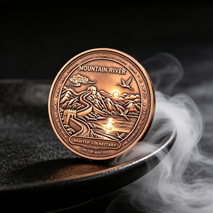 Barre de cuivre fin .999 de 1 oz avec gravure paysage soleil levant et Grande Muraille grue, pièce d'art de collection limitée pour les amateurs. - Product Image 1