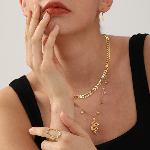 Customizable 18K Gold PVD Plated Snake Pendant Necklace Stainless Steel Hoop Earrings Ring Set Non-Tarnish Weddings Engagements