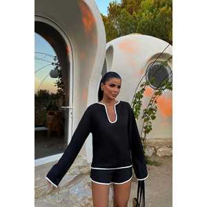 <b>Black</b> Linen Set Bow Collar Lace Decoration Casual Daily XS-XL Size <b>Tops</b> Dresses Winter <b>Summer</b> Knitting Fabric Washed Technics - Product Image 1