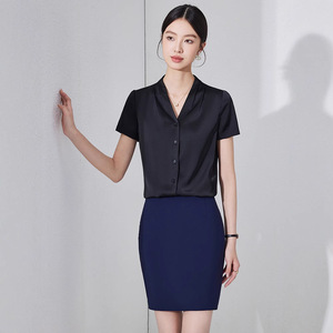 White Chiffon Short Sleeve Blouse For Women Solid Color V Neck Button Front Workwear Professional Shirt Summer 2024 - Product Image 5