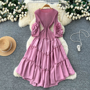 Vestido con Volantes y Decoración Floral para Mujer, Manga Larga, Cintura Plisada, Estilizador, Falda Amplia con Gran Vuelo - Product Image 3