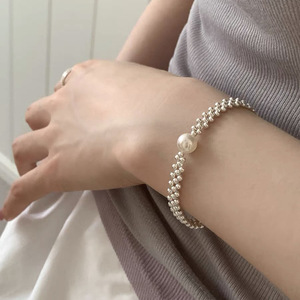 S925 Sterling Silver Pearl <b>Bracelet</b> White <b>Bead</b> Woven Minimalist Design Women's Everyday Wear Jewelry - Product Image 4