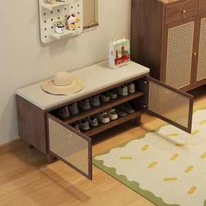 Panca Portascarpe Moderna <span class=keywords><strong>in</strong></span> Rattan Naturale con Armadietto Contenitore per Soggiorno e Anta Ventilata - Product Image 6