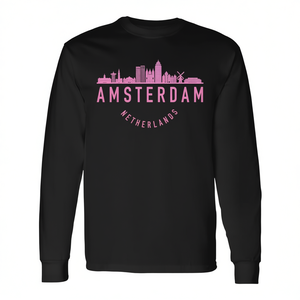 T-shirt unisexe à manches longues et col rond imprimé en sérigraphie Skyline d'Amsterdam aux Pays-Bas pour adultes - Product Image 2