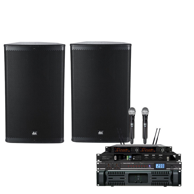 Professional Studio DJ Speakers Full Set 15 Inch 2 Way Full Range Speaker with 2 Channel Amplifier Microphone Set for Karaoke