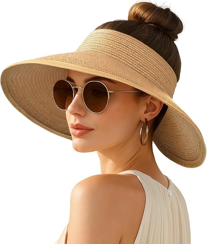 Women Foldable Beach Ponytail Sun UV Wide Brim Straw Visor  display picture 3