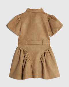 Robe patineuse courte en faux daim tissé pour filles, manches courtes bouffantes, silhouette évasée douce, avec ceinture, pour enfants de 2 à 12 ans - Product Image 3