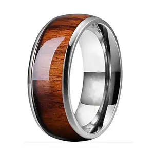 戒指8毫米Koa天然木质镶嵌碳化钨男士饰品带抛光闪亮舒适贴合戒指