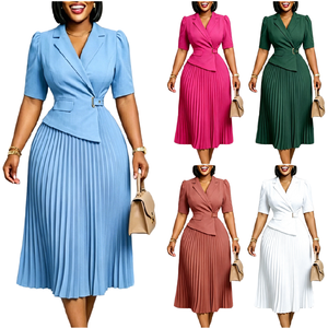 D631 Ultimo Design Abiti Estivi da Lavoro per Donne, Elegante Vestito Casual con Colletto a Giacca, Mezza Manica Plissettata, Abito da Ufficio per Donne Africane - Product Image 1