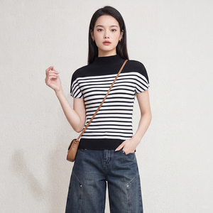 Blusa Casual Estiva 2026 da <span class=keywords><strong>Donna</strong></span> Miyake Eco-Friendly a Maniche Corte, Plissettata, Elastica, Compressa, Traspirante, a Righe, con Collo Alto - Product Image 1