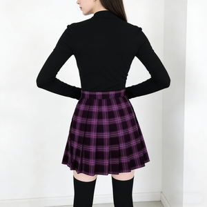 Jupes pour femmes, <span class=keywords><strong>jupe</strong></span> courte plissée à taille haute, à carreaux noirs <span class=keywords><strong>et</strong></span> violets, détail boutonné, style gothique preppy - Product Image 3