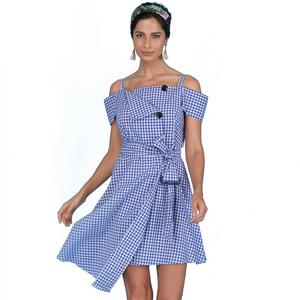 2019 Casual vestido de las mujeres de <span class=keywords><strong>la</strong></span> correa de Espagueti de una pieza a cuadros de mujeres vestido con faja - Product Image 1
