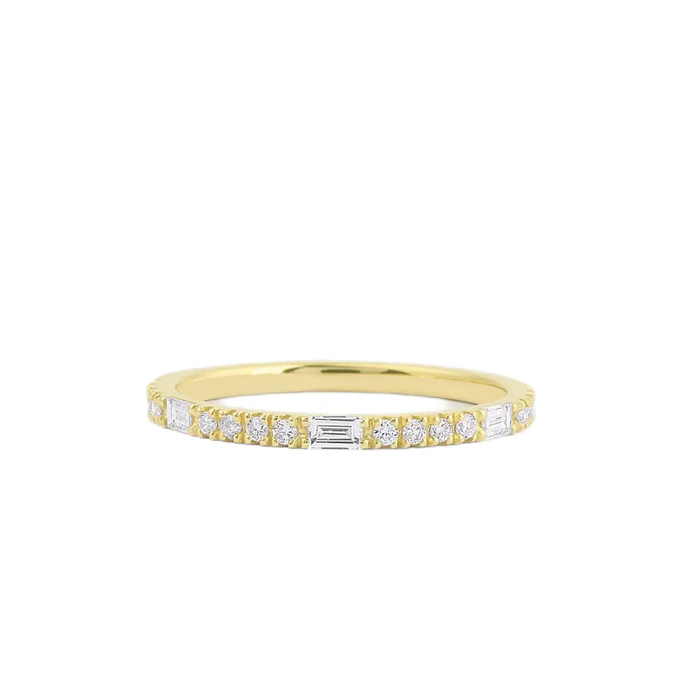 Luxe Dainty 14K Or Baguette Et Diamant Coupe Ronde De Mariage Zircon 925 En Argent Sterling Casual Fine Jewelry Anneaux Pour Les Femmes