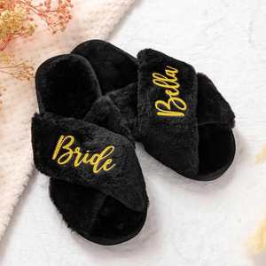Custom Plush Fluffy <b>Slippers</b> with Glitter Lettering Personalized Cross Band Design-Soft Open Toe Bridal Party Wedding Favor Gift - Product Image 2