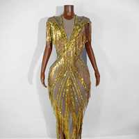 Costume de Drag Queen de Luxe à Paillettes Dorées et Franges, Robe Bodysuit à Longue Traîne pour Danse Exotique et Spectacles Scéniques pour Femmes
