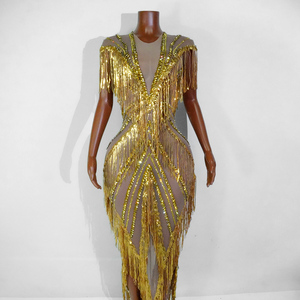 <span class=keywords><strong>Vestido</strong></span> Largo de Mujer, Sexy, con Espalda Descubierta, de Malla Transparente con Borlas y Pedrería Dorada, para Actuaciones en Escenario, Disfraz de <span class=keywords><strong>Drag</strong></span> <span class=keywords><strong>Queen</strong></span> - Product Image 4